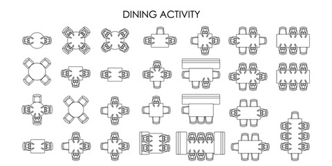 Architectural CAD top view people at restaurant tables vector illustration, dining activity seating symbols, interior floor plan furniture blocks © JIm Studio
