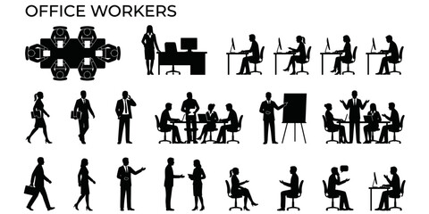 Architectural office staff silhouette vector illustration. Plan and elevation people symbols with sitting, standing, walking and meeting poses © JIm Studio