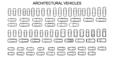 Top view cars for architectural plans vector illustration. CAD vehicle blocks with sedan, SUV, hatchback and parking layout symbols © JIm Studio