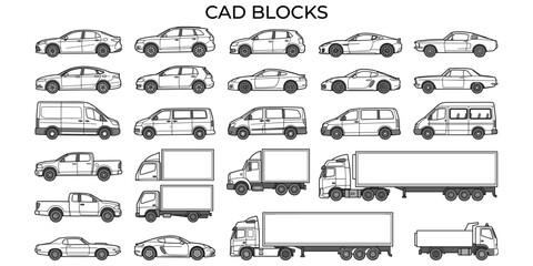 Architectural vehicle elevation vector illustration. Side view CAD transport blocks with car, van, truck and SUV silhouettes for technical blueprint design © JIm Studio