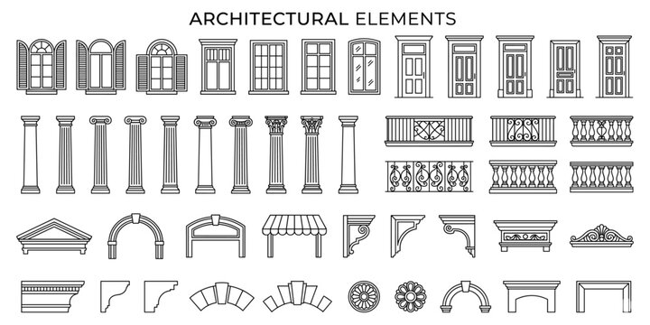 Classic architectural elevation symbols vector illustration. Windows, doors, columns, balconies and facade ornaments for building design