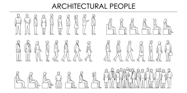 Architectural side view people CAD blocks vector illustration. Human figure elevation scale silhouettes for building section, blueprint and technical drafting