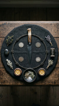 Mystic Witchcraft Ritual Altar with Athame and Ancient Coins