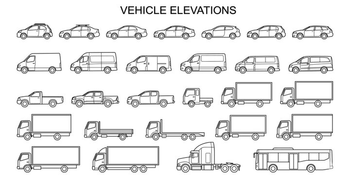 Vehicle side view CAD blocks vector illustration. Architectural elevation cars, trucks and vans for blueprint, parking plan and technical drafting