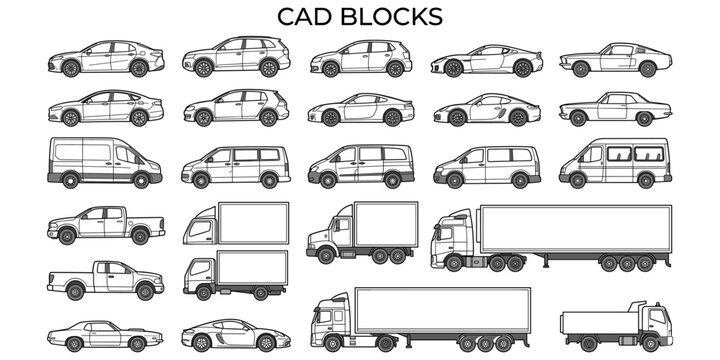 Architectural vehicle elevation vector illustration. Side view CAD transport blocks with car, van, truck and SUV silhouettes for technical blueprint design