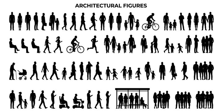 Black architectural people silhouettes vector illustration. Side view human scale figures for CAD elevation, building section planning and blueprint drafting