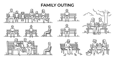 Obraz premium Public space people seating vector illustration. Sitting adults on bench, park visitors, front and side view figures for urban design