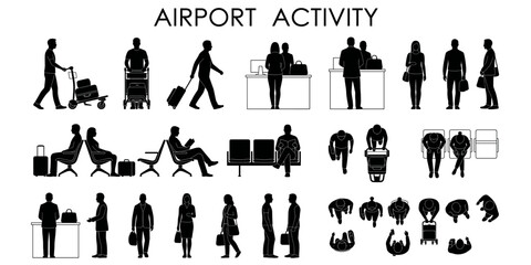 Obraz premium Airport people silhouette vector set. Travelers with luggage trolley, waiting area seating, check-in counter figures for floor plans