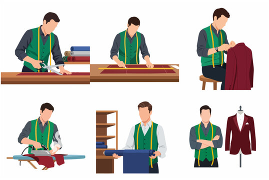 Professional tailor at work vector illustration set showing the process of bespoke suit making from fabric cutting and measuring to the final tuxedo garment.