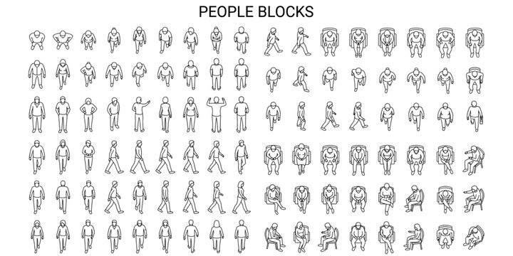 Top view people CAD blocks vector illustration. Men and women walking, standing and sitting scale figures for architectural plans and blueprints