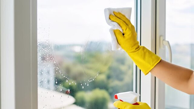 Closeup of a person wearing yellow rubber gloves cleaning a window with a spray bottle