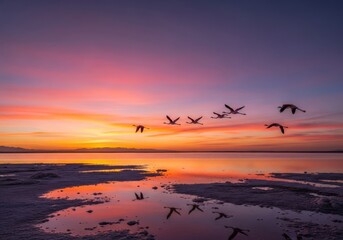 Naklejka premium Majestic waterfowl soar across a vast alkaline lake during a vibrant sunset, casting orange reflections on the still water and pink salt, peaceful, aquatic, sunset