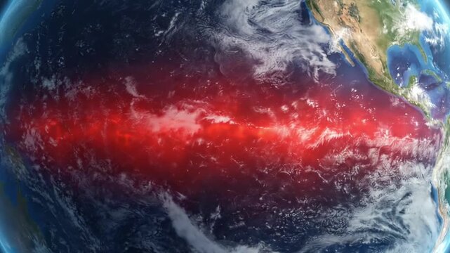 Earth from space showing a red heat anomaly over the Pacific Ocean indicating climate change or global warming
