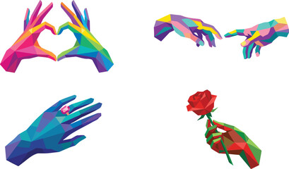 Obraz premium Set of colorful geometric low poly hands featuring romantic gestures, reaching out, wearing a ring, and holding a rose