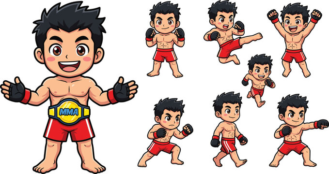 Set of cartoon MMA fighter character illustrations featuring a champion athlete in various training and fighting poses