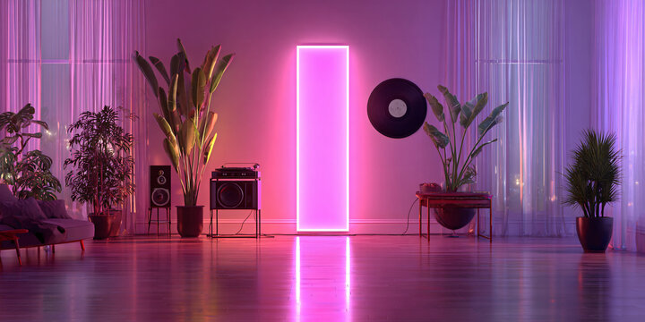 Minimal Room with Pink Walls Purple LED Lighting and Plants