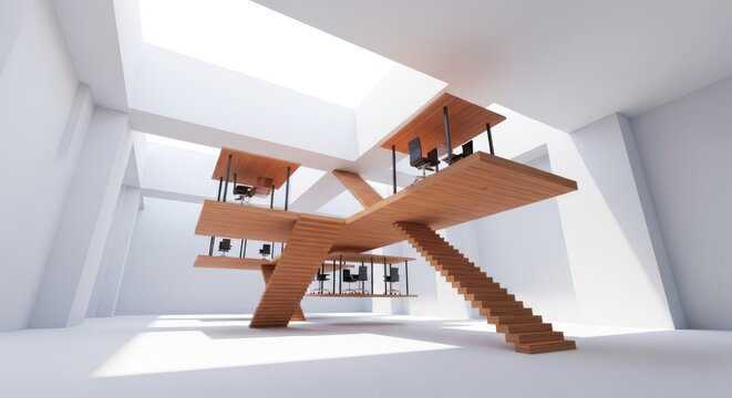 This surreal office setup features floating wooden desks and staircases merging at impossible angles within a bright minimalist structural void, geometry, digital, void