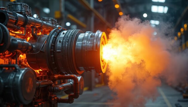 Industrial engine test firing jet engine with intense flames and smoke. Powerful machinery operates in a factory setting, showing raw mechanical force and high-temperature energy output.