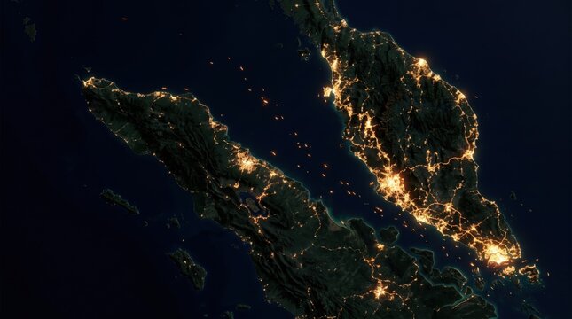 Opened ingredientStrait of Malacca nighttime satellite view map, Malaysia and Sumatra Indonesia city lights illustration