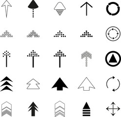 Fototapeta premium Collection of minimal arrow icons in black style featuring multiple directions, shapes and variations. Includ navigation arrows, upload, download, rotate and pointer symbols suitable for user