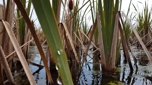 Low angle view of a wetland with cattails and reflections in the water under a cloudy sky.