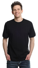 Obraz premium Handsome young man wearing blank black t-shirt on white background. Mockup for design