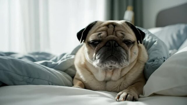 Cute pug dog nestled comfortably in bed and gazing intently with a curious expression indoors