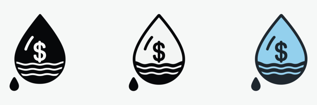 Water droplet with dollar sign icon symbolizing water economy, utility billing, resource value, and sustainable cost management