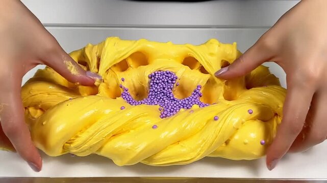 Satisfying hands-on demonstration of a soft, stretchy yellow slime being poked, kneaded, stretched, and manipulated with purple beads