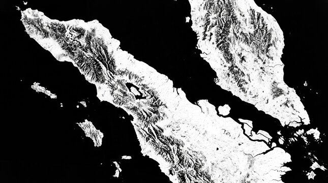 Opened ingredientStrait of Malacca SAR radar satellite map, Malaysia and Sumatra Indonesia black and white topographic illustration