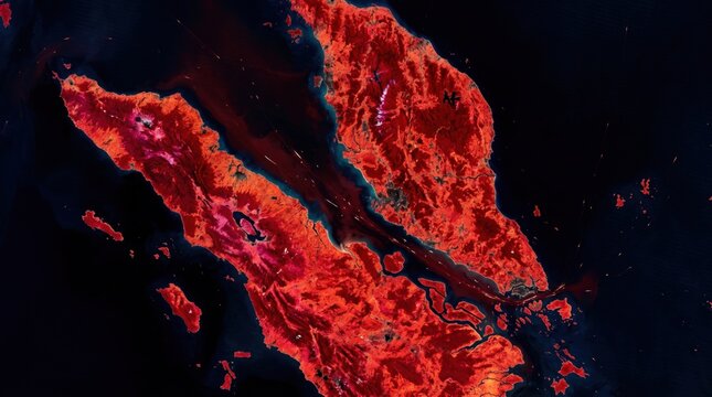 Opened ingredientStrait of Malacca infrared satellite map, Malaysia and Sumatra Indonesia false color topographic view