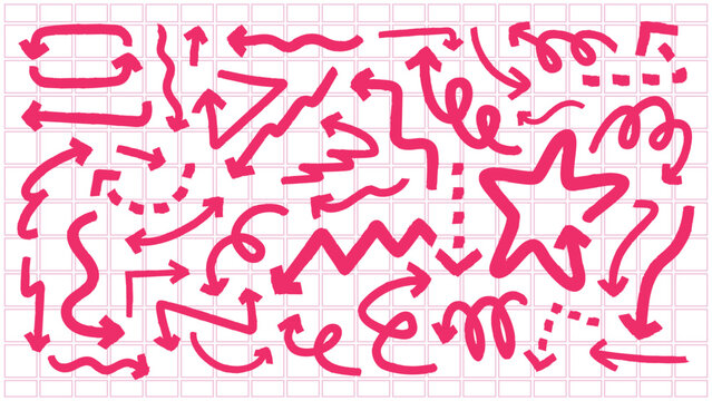 Vector illustration of various red arrows and shapes on a grid background.