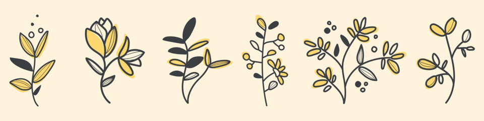 Obraz premium Vector illustration of abstract floral designs in yellow and gray tones.