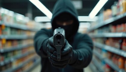 Obraz premium Person in black hoodie, gloves aims gun forward in brightly lit supermarket aisle. Blurred colorful products on shelves create dramatic contrast. Threatening criminal action creates sense of danger.