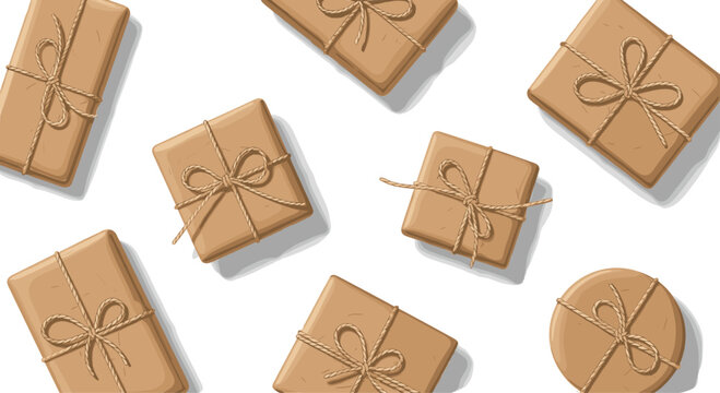 A collection of rustic brown paper gift boxes with twine bows is arranged in a scattered pattern against clean and minimalist white backgrounds.