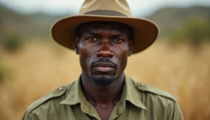 Obraz premium African man in safari hat and shirt looks intently. He works in nature park as ranger. He watches animals. He is part of wildlife conservation effort.