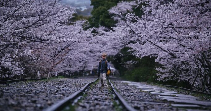 Young boy with backpack standing on tracks surrounded by cherry blossoms in Japan then running at camera in slow motion - wide shot