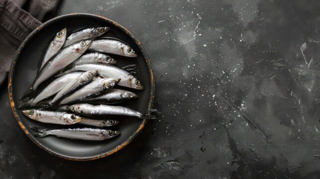 Freshly caught silver fish laid out on a black plate.