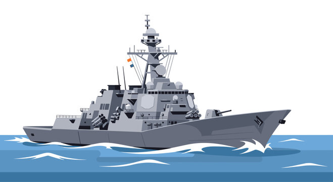 A detailed gray naval destroyer ship sails across calm blue waters with prominent radar masts and weaponry in this crisp vector graphic.