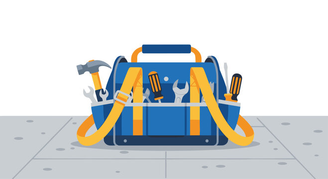 A blue portable toolbox featuring yellow straps and various metallic repair tools rests on a clean gray tiled floor in this illustration.
