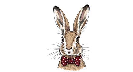 Obraz premium A close-up artistic portrait of a brown hare with long ears wearing a stylish dark red polka-dot bow tie against a white background.