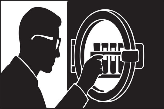 Silhouette of a scientist peering into an illuminated viewport checking a sample inside a sealed testing chamber