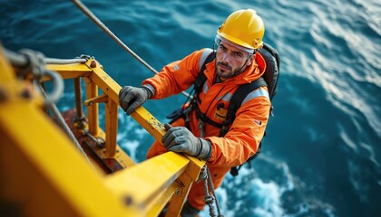 Naklejka premium Man in orange safety suit climbs yellow ladder on ocean platform. Worker wears hard hat and gloves on rough blue sea background. Nautical industry job safety.
