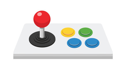 Fototapeta na wymiar A retro arcade joystick controller with a vibrant red ball top and colorful buttons sits on a clean, light, and minimalist flat background.
