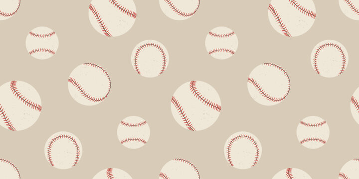 Seamless pattern with baseball balls in different sizes and angles. Flat vector illustration isolated on beige background.