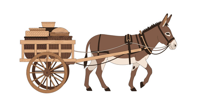 A brown donkey pulls a wooden cart filled with woven baskets and goods, depicted in a clean, isolated, and detailed side-view graphic illustration style.