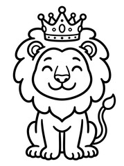 Fototapeta premium Cute smiling cartoon lion wearing a crown coloring page for kids