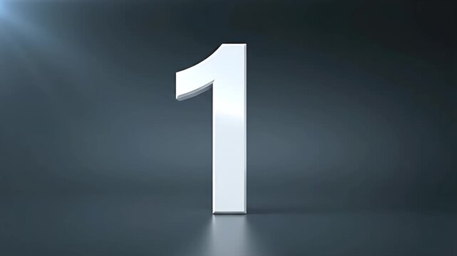 3D glossy white number one zooming in against a dark reflective metallic background with cinematic lighting