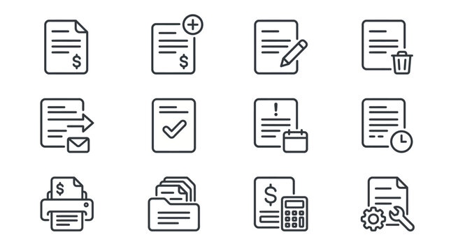 Invoice management and billing document simple line icon set