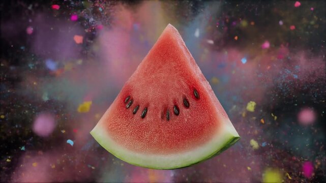 A vibrant slice of watermelon artfully presented amidst a colorful explosion of powder, evoking a sense of festive celebration and summer joy